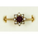 A 9ct gold garnet and pearl cluster ring, N, 1.8gm