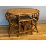 A rattan bistro style dining table & chairs, consisting of a table with reed top and lower shelf, 1