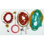 A branch coral necklace, 112cm, a stained jadeite bangle, inner diameter 58mm and other jewellery