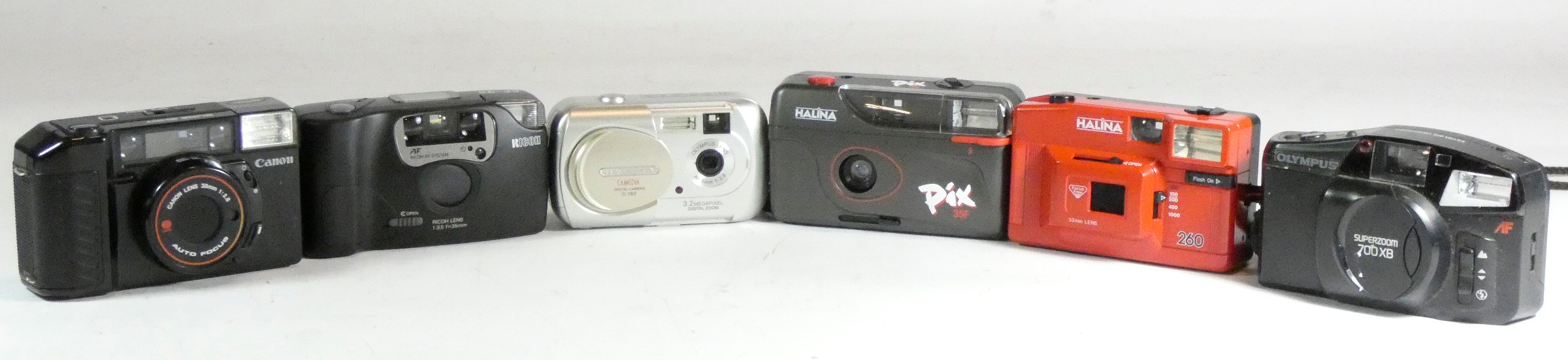 A collection of 'point and shoot' film cameras, to include a Halina 260, a Olympus Superzoom