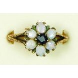 A 9ct gold sapphire and opal cluster ring, , carved shoulders, N, 4.2gm