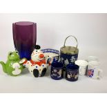 A Jasperware style cobalt blue biscuit barrel by Adam, two Staffordshire potteries mugs, a