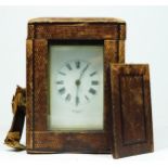 A French brass carriage time piece, white enamel dial, 13cm, key, travel case, mainspring broken,
