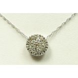 A 9K white gold and brilliant cut diamond cluster pendant, diameter 8mm, chain, 1gm