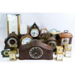 A collection of clocks in four boxes, to include mantel clocks, wall clocks, barometers, having