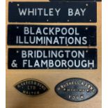 Three pressed steel station signs, to include Bridlington And Flamborough, Blackpool Illuminations