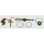 A 9ct gold and silver green stone ring, a 9ct gold bar brooch, a 9ct gold cross and a pair of ear
