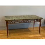 A Marble topped coffee table, on a copper effect metal base, with cast floral decoration, 93cm x