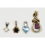 A 14K white gold and white stone pendant, a 9ct gold amethyst and diamond pendant, a sapphire