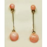 A 9ct gold pair of coral ear pendants, 30mm, 2.2gm