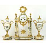 S.H., Paris, a late 19th century French gilt metal and variegated marble clock garniture, the