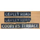 Three enamel singled sided road signs, two for Copley Road, 86cm , one for Coopers Terrace, 123cm (