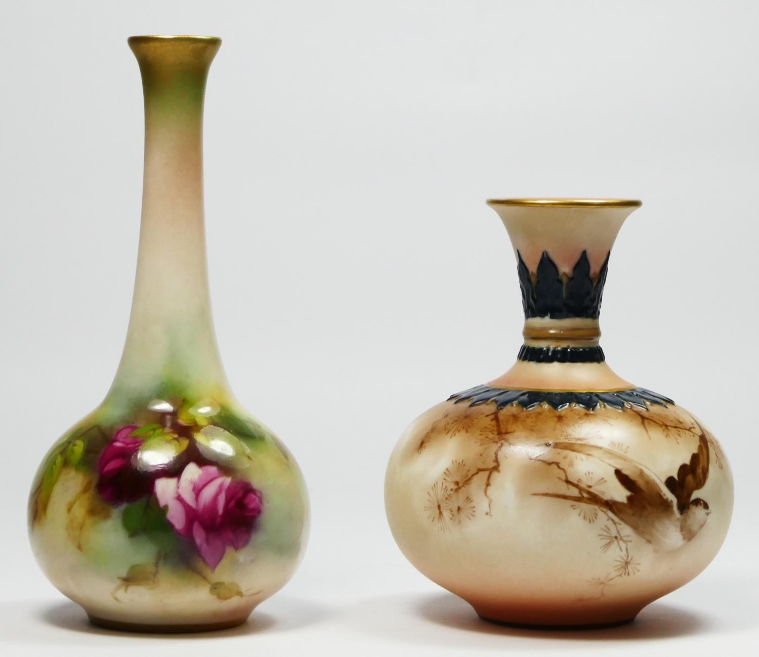 A Royal Worcester bud vase, hand painted with sprays of roses, shape no. 2491, puce printed marks,