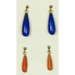 A pair of 9ct gold mounted lapis lazuli ear pendants, 17mm and a coral pair, 11mm