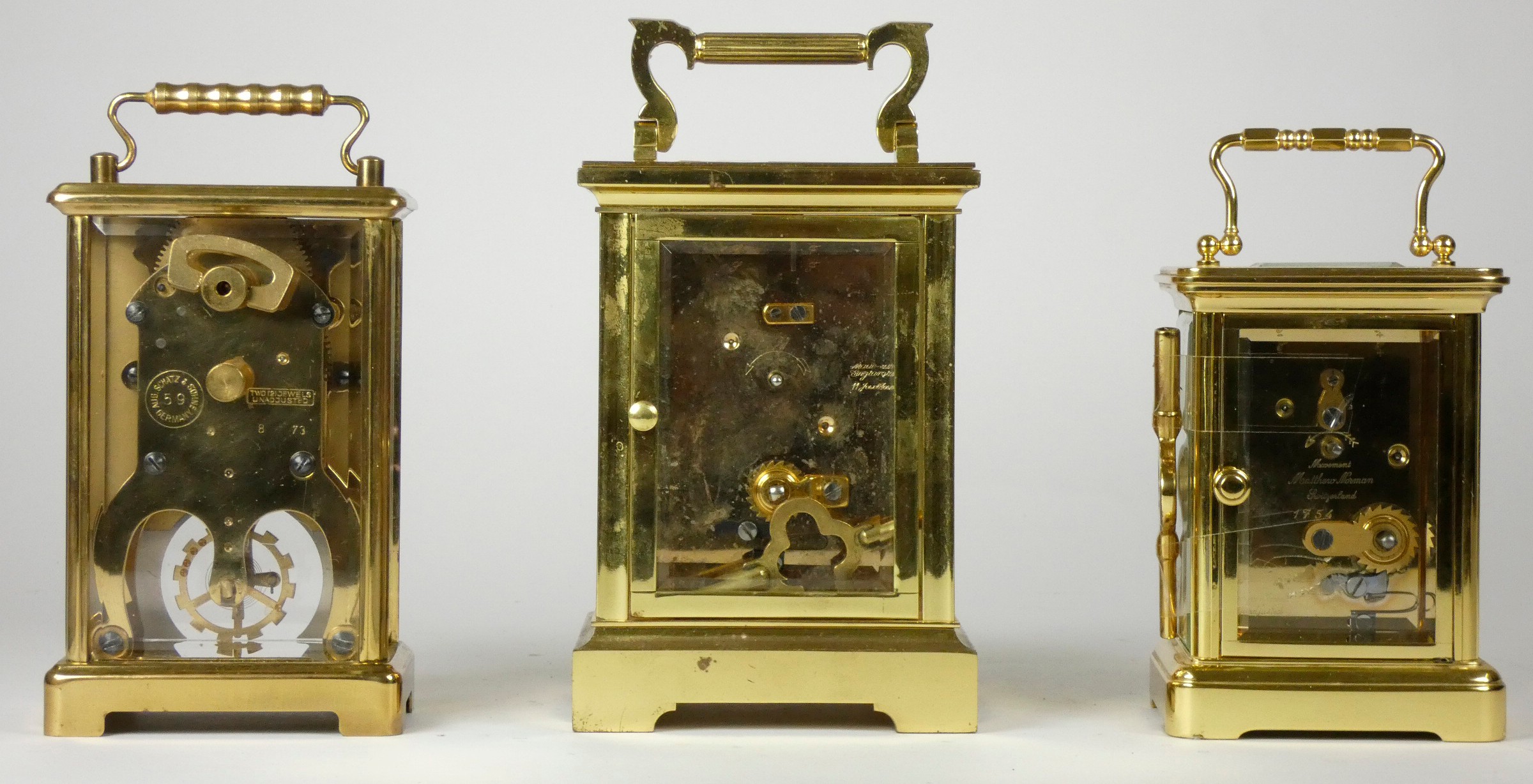 Two English and one German brass carriage clocks, having enameled dials, Roman numerals with 8 day - Image 3 of 3