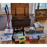 A vintage pine tool box with tools and other boxed tools