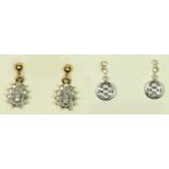 Two pairs of 9ct white gold and brilliant cut diamond ear rings, 3gm.