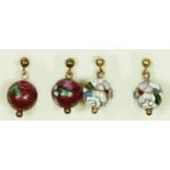 Two pairs of gold mounted cloisonne ear rings, 12mm diameter.