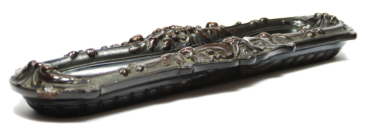 A 19th century French carved lignum vitae pen tray, with mask and floral decoration, 31 x 10cm. - Image 5 of 6