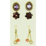 A pair of 9ct gold and amethyst ear studs, a 9ct gold garnet cluster pair and a coral and cultured