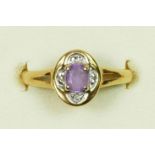 A 9ct gold amethyst and diamond cluster ring, L, 1.5gm