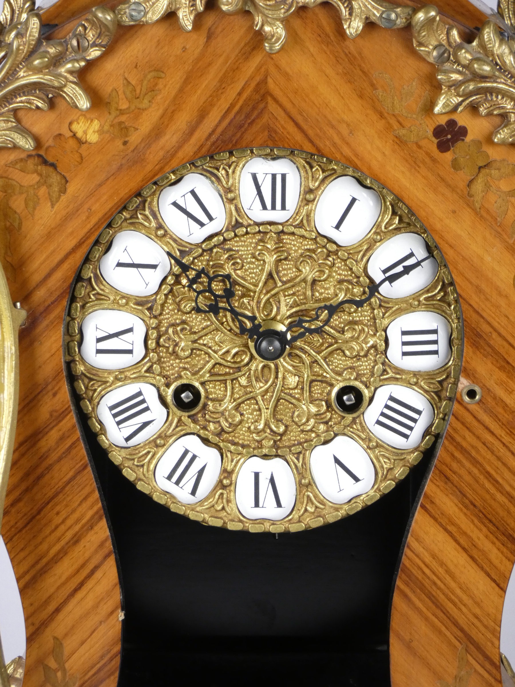 A late 19th century Louis XVI style Boule mantel clock, inlaid walnut case with applied embossed - Image 2 of 5