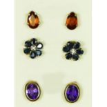 A 9ct gold pair of diamond and sapphire cluster ear studs, a citrine pair and a an amethyst pair,