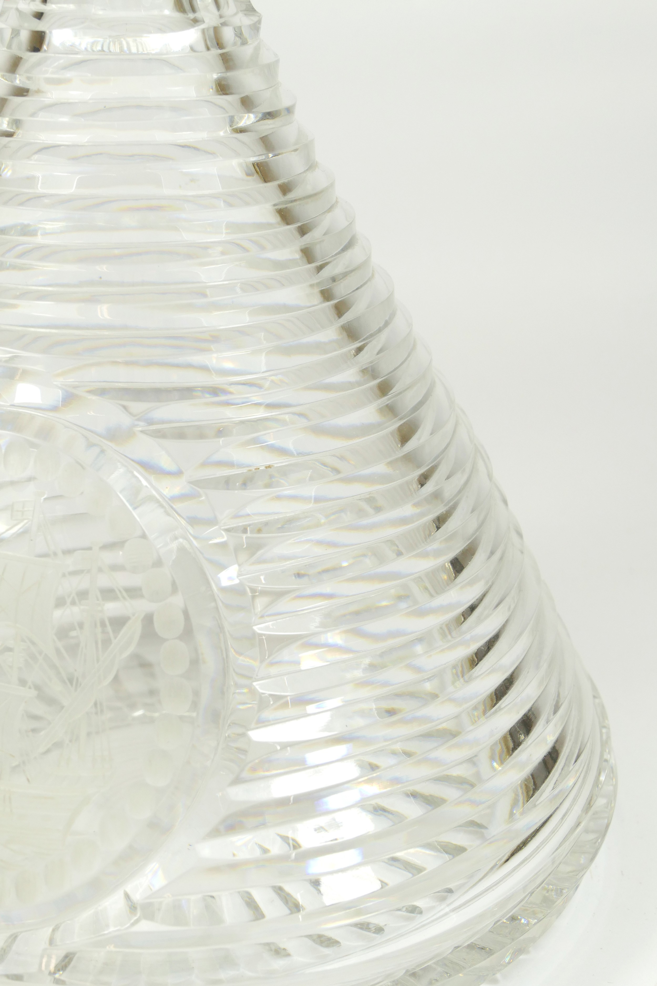 A cut glass ships decanter, with hand engraved image of a schooner, ribbed body, both the stopper - Image 8 of 10