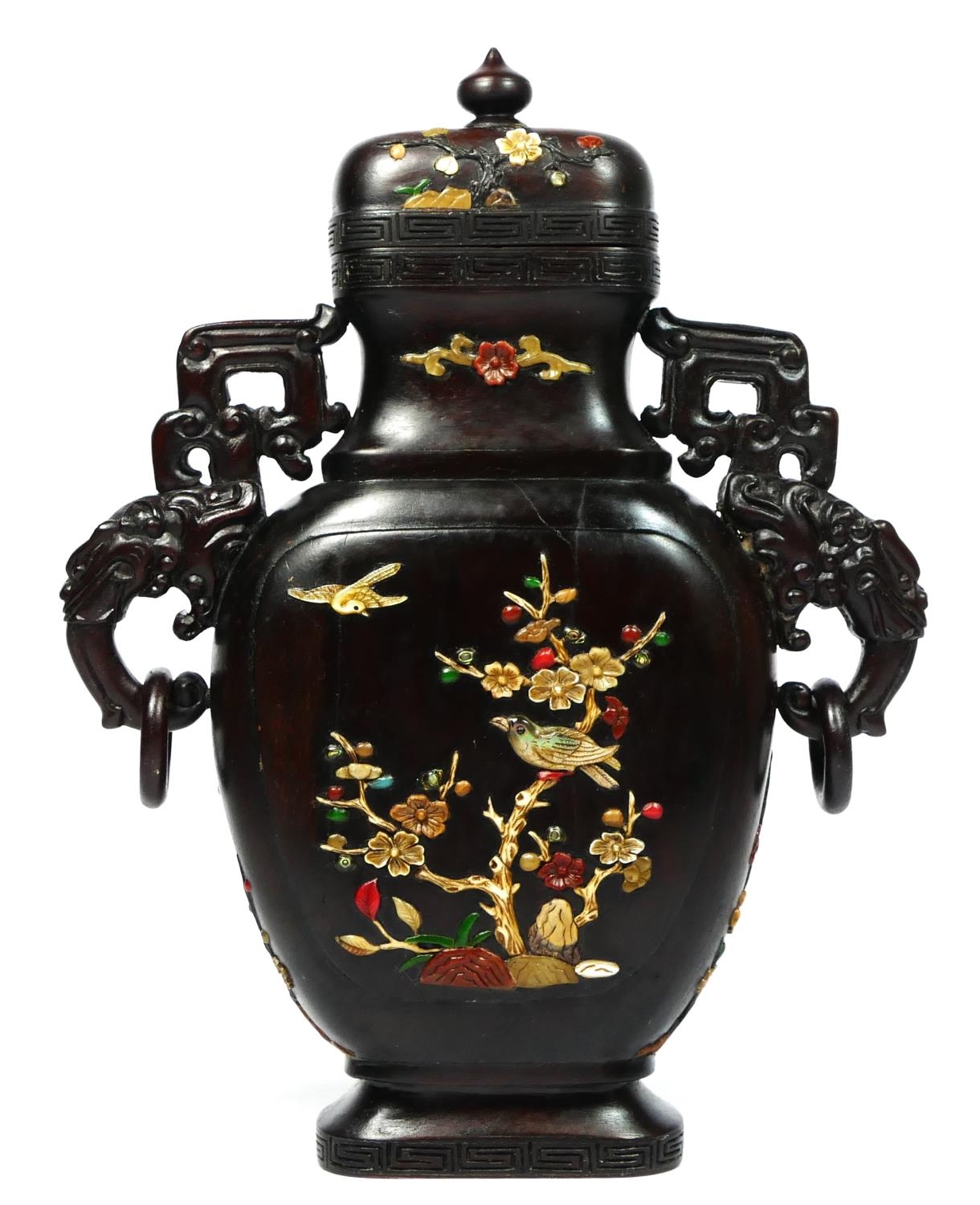 A Chinese hardwood baluster vase, probably Republican period, one side with mother of pearl and - Image 8 of 9