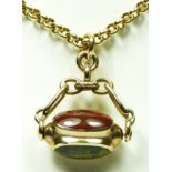 A 9ct gold belcher link chain, 52cm, 21gm, with 9ct gold triple swivel fob, mother of pearl,