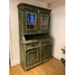 A late 19th century French provincial buffet deux corps dresser, rustic pine painted crackle