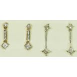 A 9ct white gold pair of diamond drop ear pendants, one setting vacant, and a yellow gold pair,