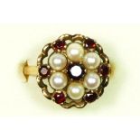 A 9ct gold garnet and cultured pearl cluster ring, N 1/2, 5.2gm