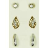 A pair of 9ct white gold channel set diamond ear studs and two other pairs of diamond set ear studs,