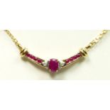 A 9ct gold ruby and diamond necklace, front 30mm, chain 42.5cm, 4.6gm