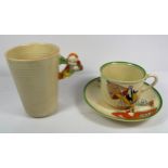 Clarice Cliff for Wilkinson Ltd, a'Pixi' handle mug, the figural handle attached to a plain tapering