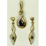 A 9ct gold sapphire and diamond pendant with matching ear rings, 2.7gm