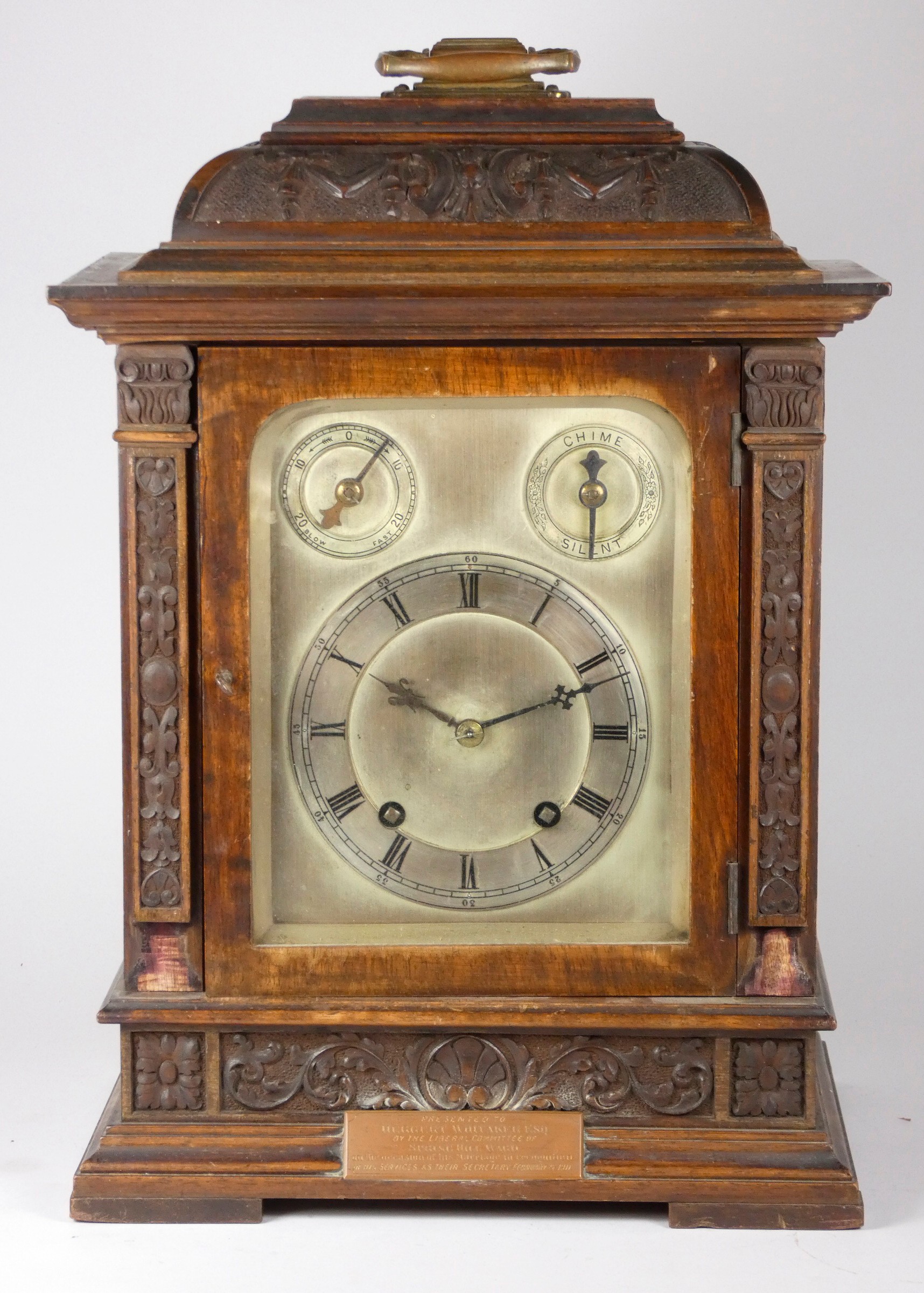 A late 19th century Winterhalder & Hofmeier mahogany striking bracket clock, the brass dial with