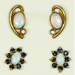 A 9ct gold pair of opal and diamond ear studs and an opal and sapphire pair, 2.4gm