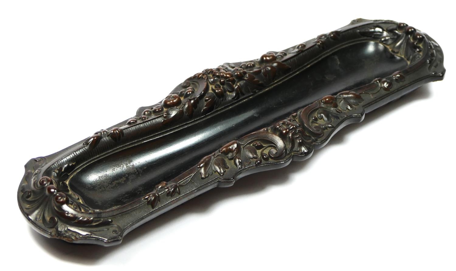 A 19th century French carved lignum vitae pen tray, with mask and floral decoration, 31 x 10cm. - Image 4 of 6