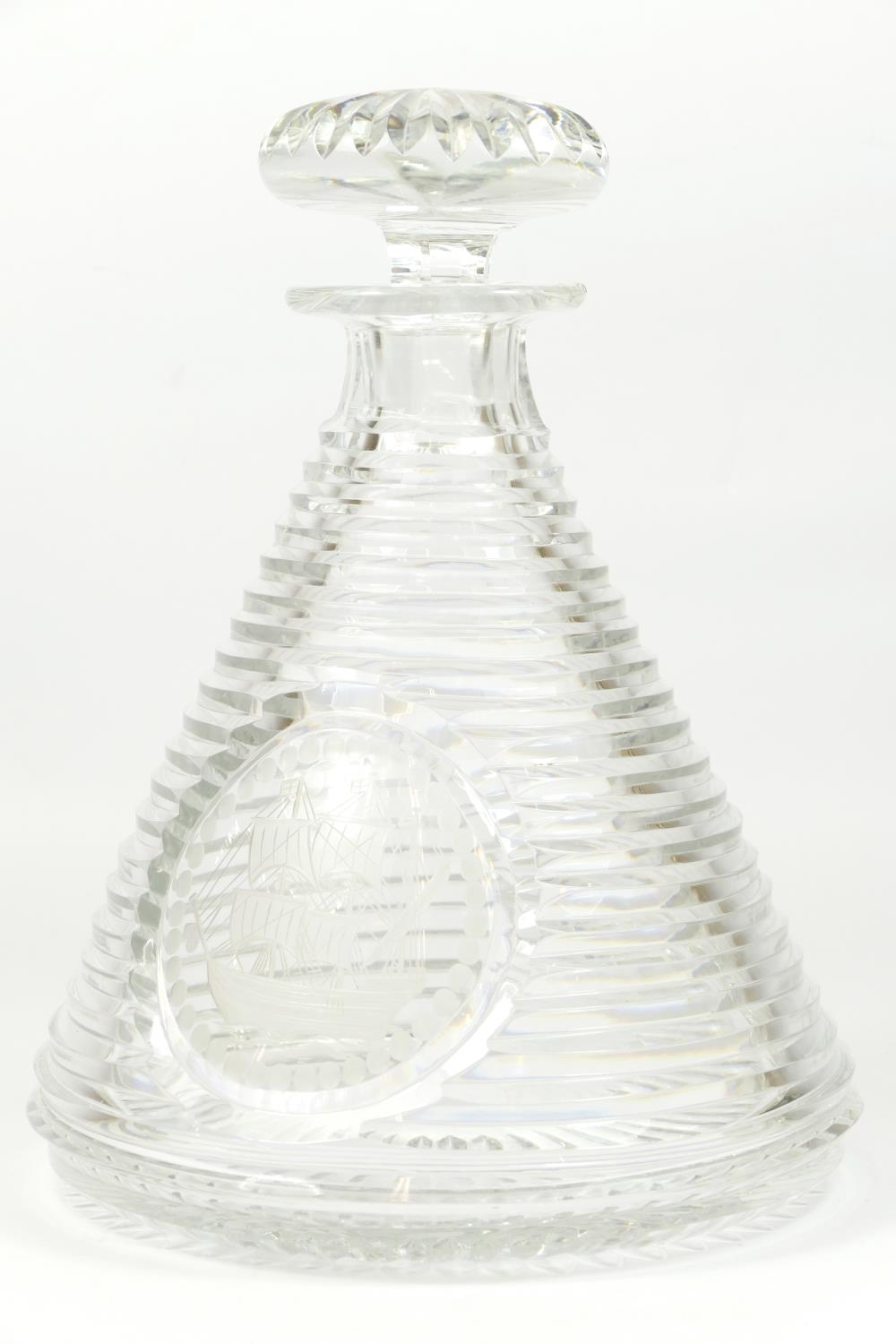 A cut glass ships decanter, with hand engraved image of a schooner, ribbed body, both the stopper - Image 2 of 10