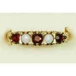 A 9ct gold opal and garnet five stone ring, O 1/2, 1.9gm