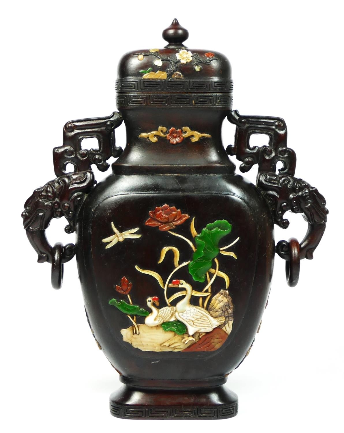 A Chinese hardwood baluster vase, probably Republican period, one side with mother of pearl and