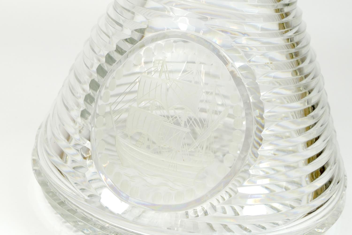 A cut glass ships decanter, with hand engraved image of a schooner, ribbed body, both the stopper - Image 5 of 10