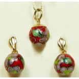 A gold mounted cloisonne pendant and matching ear rings, 8mm diameter.