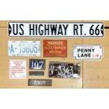 Nine pressed metal, enamel and plastic signs, to include Route 66, 107, Exit, Penny Lane and