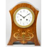 An early 20th century striking mantel clock, inlaid mahogany case with enamelled dial, 8 day
