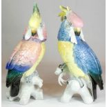 Two large Karl Ens ceramic cockatoo parrots, vibrant polychrome porcelain, signed to the base,