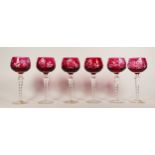 A set of six Dresden ruby stem cordial glasses, hand cut crystal, 19cm tall. (6)
