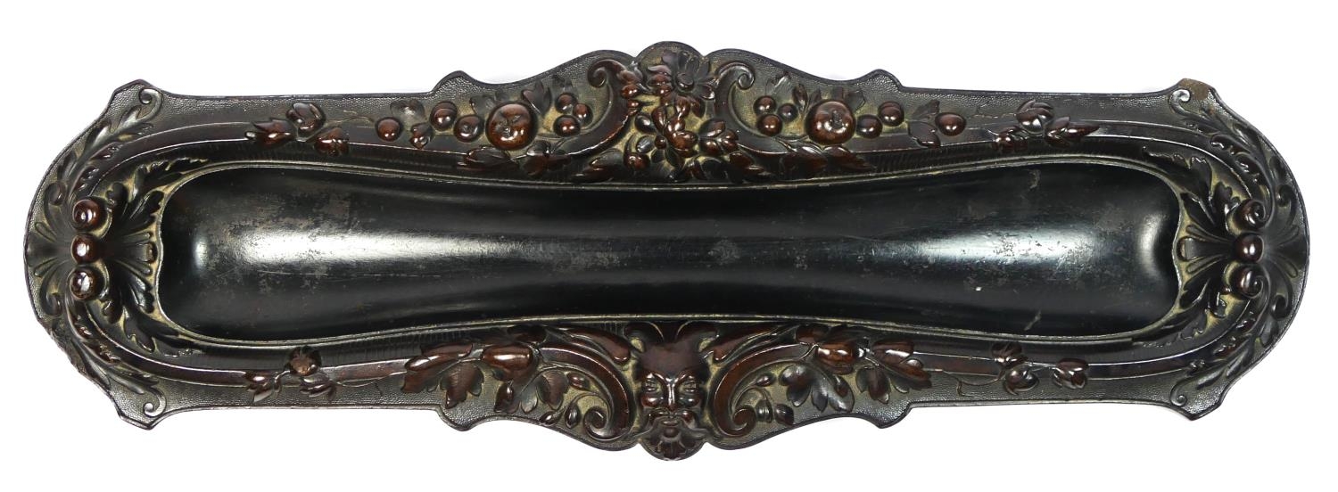 A 19th century French carved lignum vitae pen tray, with mask and floral decoration, 31 x 10cm. - Image 3 of 6